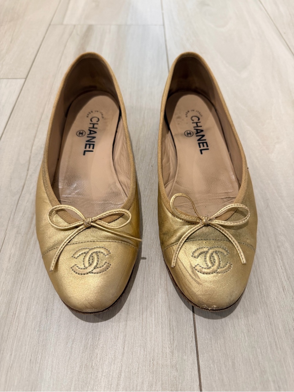 CHANEL Classic Leather Ballet Flats in Gold Size 38